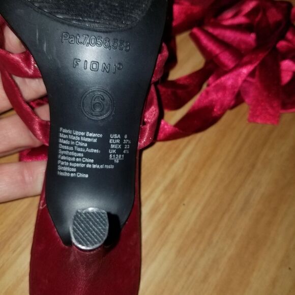 Fioni | Size 6 Vintage Ruby Red Open Toe Lace Up Heels with Circle Gem Detail - Picture 9 of 15